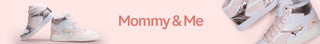 Pair of high-top sneakers with 'Mommy & Me' text on a white background